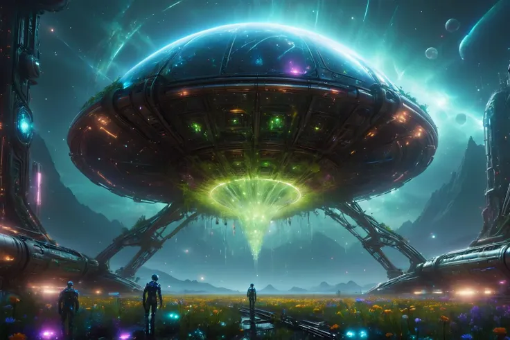 a man standing in front of a spaceship with a green light