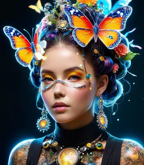 Beautiful stunningly colorful steampunk girl surrounded by flowers,butterflies,bubbles,bright colors,close-up,super detailed,studio photography,intricate details,highly detailed girl with full body digital design,imaginary creature,sculpted face,transparen...