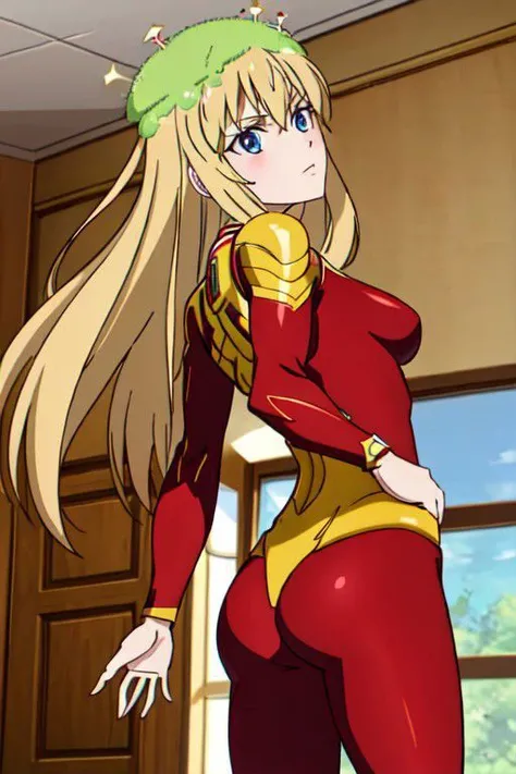 1girl, masterpiece, ultra-detailed, a girl in a flash costume standing in a room, red flash suit, original flash costume by barry allen, from behind, disfraz de flash, blonde, moss on the head, multicolored hair, looking at viewer, serious look, run pose, ...