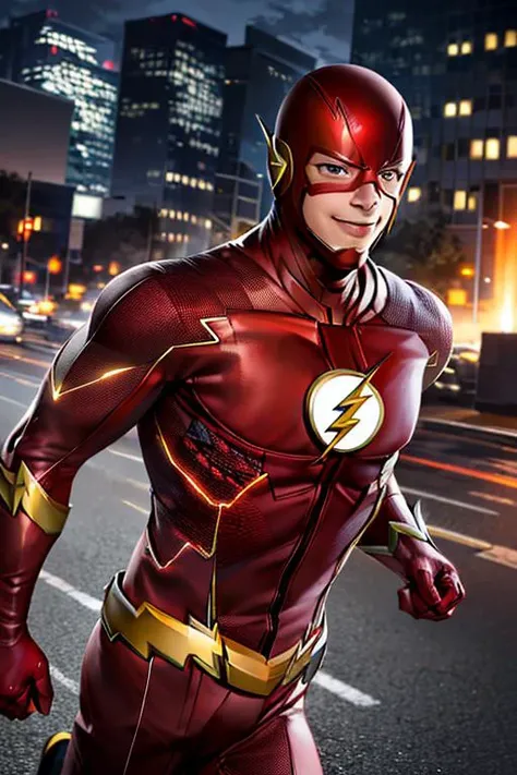 a close up of a man in a flash costume walking down a street