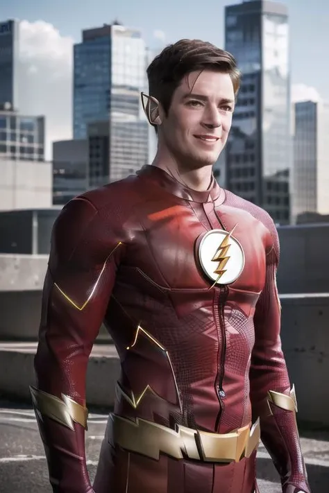 a close up of a man in a flash costume standing in front of a city