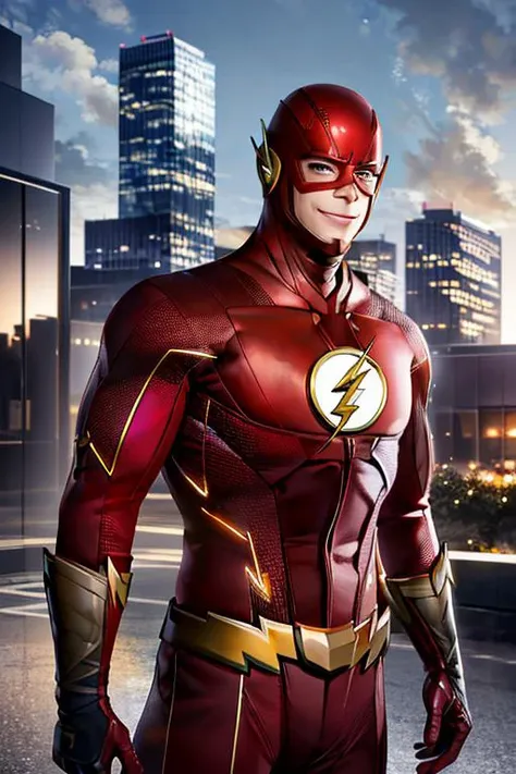 a close up of a man in a flash costume standing in a city