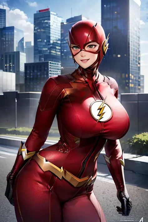 a woman in a flash costume posing for a picture