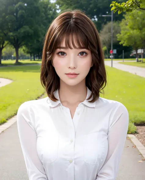 a close up of a woman in a white shirt standing on a sidewalk