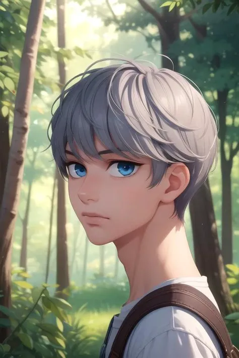 masterpiece, best quality, game cg, 1boy, solo, male focus, looking at viewer, upper body, , <lora:ruou_mori:0.68>, ruou_mori, grey hair, blue eyes, , The Enchanted Forest,