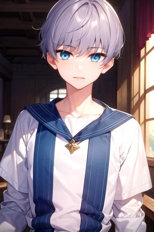 masterpiece, best quality, game cg, 1boy, solo, male focus, looking at viewer, upper body, , <lora:ruou_mori:0.66>, ruou_mori, grey hair, blue eyes, , Xanadu: A magical kingdom ruled by a wise and benevolent queen,