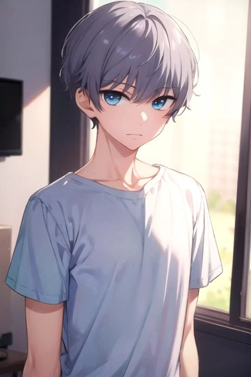 masterpiece, best quality, , 1boy, solo, male focus, looking at viewer, , depth of field, <lora:ruou_mori:0.74>, ruou_mori, grey hair, blue eyes, t-shirt, , , 4k resolution