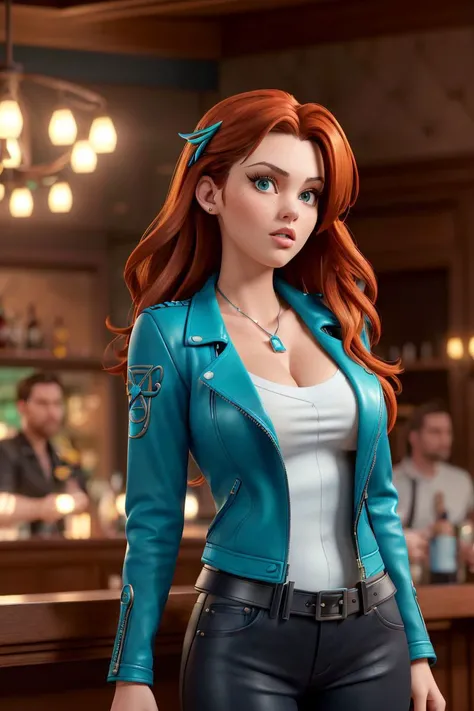 a photo of S096_EllyClutch, a stylish woman, in a bar, wearing a (teal leather-jacket), (8k, RAW photo, best quality, depth of field, ultra high res:1.2), (absurdres, intricate, photorealistic, masterpiece, ultra-detailed, Unreal Engine:1.3)