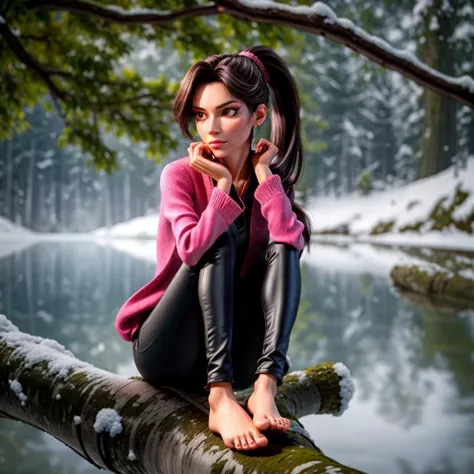 An elegant female ice-skater, gliding gracefully across a frozen, crystal-clear lake surrounded by a breathtaking winter landscape, adult woman, Detailed clothes, skinny, shinny glossy skin, subsurface scattering, [(colorful explosion psychedelic paint col...