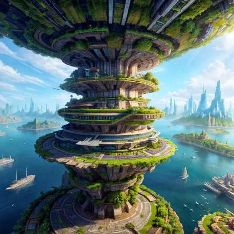 aerial view, stacked architecture city on giant towers and rings with many arches and bridges and flowering terraces, colorful vegetation, sci-fi futuristic architecture, waterfalls, many boats and ships, a matte painting by james gurney, trending on socie...