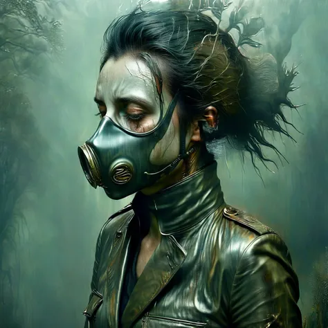 solvique side view of a magnificent crying mature Italian female soldier, gas mask running in a deep misty valley, Spanish moss, very detailed, intricate, forest colour palette <lora:solvique:1> AND solvique cs-m3tal-ok_v06-1000 <lora:solvique:0.8>