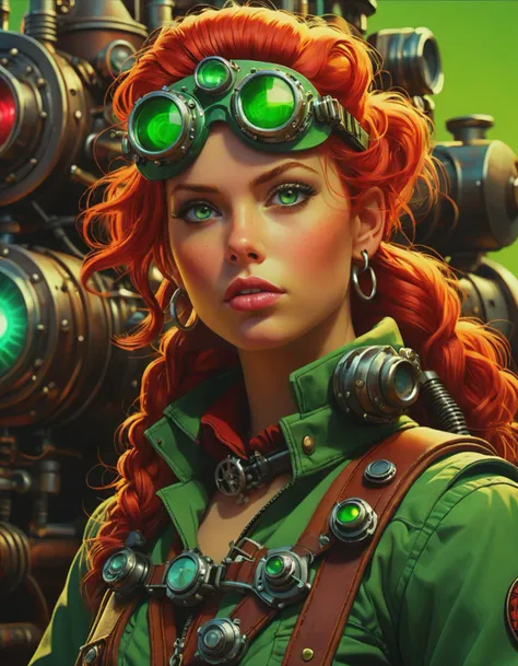 a close up of a woman with red hair wearing goggles and a green jacket