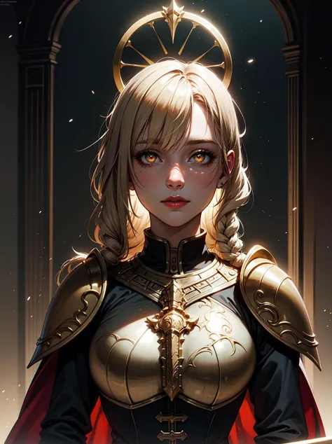 upper body of paladin lady in ornate golden armor, black collar, pauldrons, breastplate, corset, glowing halo, single braid, blonde, yellow glowing eyes, bright pupils, eye focus, red cape, temple indoors, stained glass windows, night, moonlight, particles...