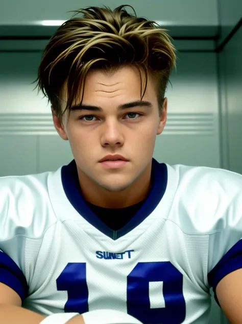 leodicap <lora:LeoDicaprio:1> as a football player in the locker room, football uniform, messy hair, sexy, sweaty, medium shot, cinematic, (high detailed skin:1.2), 8k uhd, dslr, high quality, film grain, Fujifilm XT3, smooth, sharp focus, trending on arts...