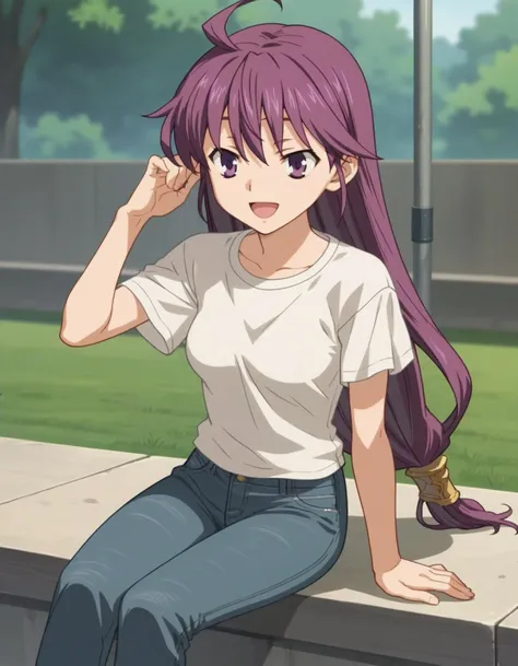 score_9, score_8_up, score_7_up, source_anime, anime screencap, 1girl, solo, kentou kanami, medium breasts, low-tied long hair, t-shirt, jeans, outdoors, golden hour, sitting, happy, <lora:Kanami:1>