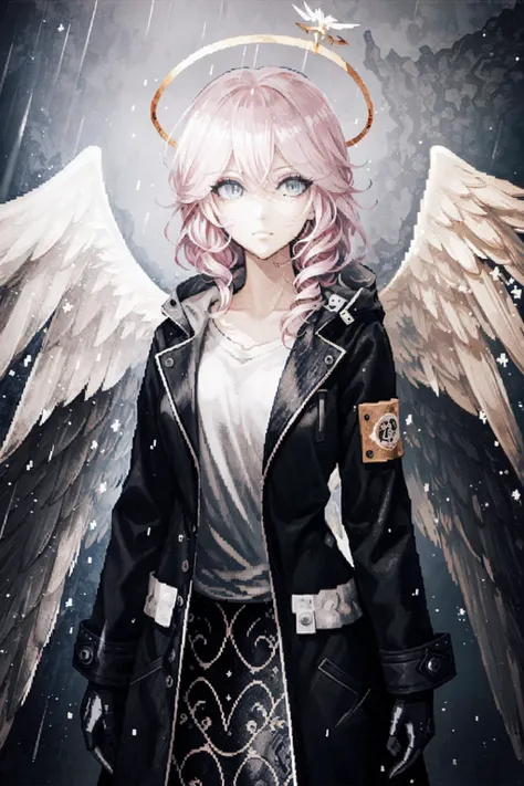 masterpiece, best quality, (pixel art:1.2), (masterpiece), (best quality), cinematic lighting, soft lighting, night, wall paper, beautiful pink hair, beautiful detailed eyes, beautiful detailed faces, ((dynamic angel)), (Tech Wear), transparent rain coat b...