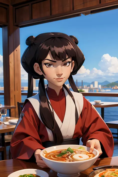 mai, brown eyes, long black hair, twintails, double bun, sidelocks, red clothes, long sleeves,looking at viewer, serious, smirk, upper body shot, sitting, behind a table, inside fancy restaurant, table full of food, ramen, sake cup, romantic ambiance, blue...