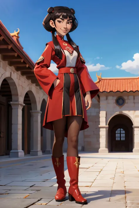 mai, brown eyes, long black hair, twintails, double bun, sidelocks, red clothes, legwear, long sleeves, black boots, looking at viewer, smiling, full body shot, standing, outside, palace courtyard, red theme, blue sky, high quality, masterpiece, <lora:Mai:...