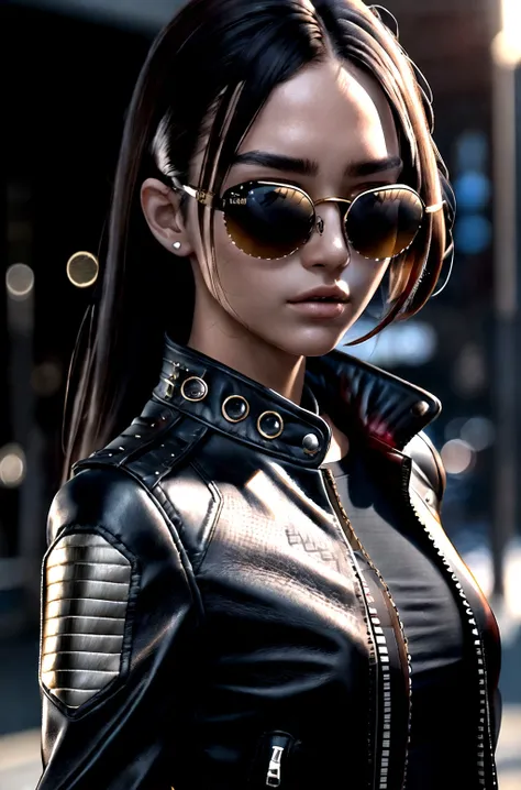 intricate detail, photorealistic, dynamic lighting, extremely detailed, realistic,  reflective sunglasses, menacing, sharp focus, girl, long leather jacket, expensive clothing,detailed body, detailed face, serious look,