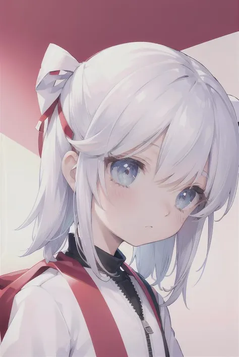 anime girl with white hair and blue eyes wearing a red and white jacket