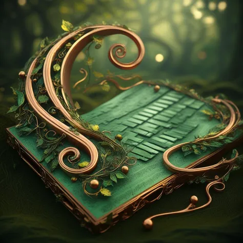 raw photo of a very detailed musical notes with whimsical elements, magical fairytale landscape, fantasy style art, green and ye...