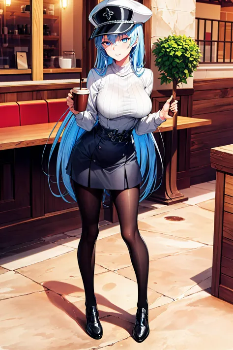 (masterpiece), (best quality),highres, ultra detailed, esdeath, long hair ,blue hair, blue eyes, <lora:esdeath1:0.6> ,peaked cap, detailed background, coffee shop,high-waist skirt, black pantyhose, (black sweater), <lora:add_detail:0.5>, full body