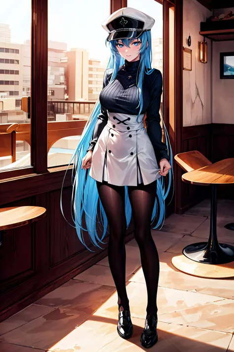 anime girl in uniform posing in a restaurant with a view of the city