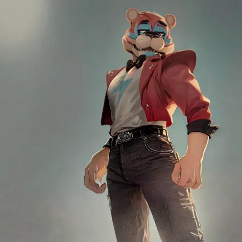 a close up of a person in a red jacket and a bear mask