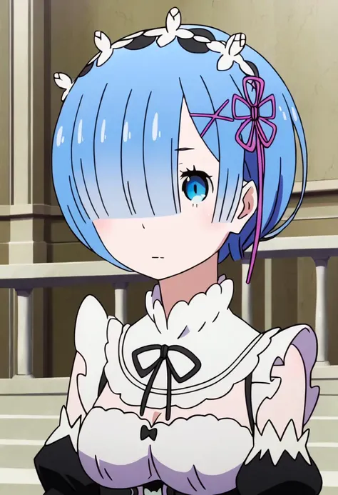 <lora:rem:1> rem, 1girl, solo, rem (re:zero), short hair, blue hair, blue eyes, anime coloring, hair over one eye