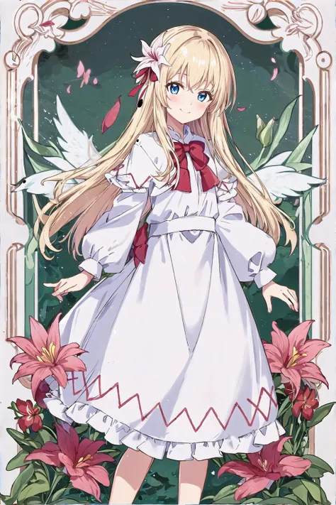 (masterpiece,best quality),{{highres}},1girl,<lora:lilyWhiteLoraTouhou_lilyWhiteV10:1:CHAR>,lily white,beautiful detailed blue eyes, transparent wings,fairly wings,red bow,blonde hair,long hair,garden background,smile,pink flower,