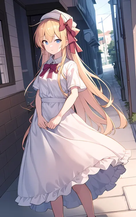 anime girl in a white dress standing on a sidewalk