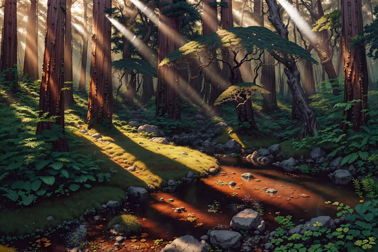 a beautiful forest, redwood trees, ferns, rays of sunlight, golden hour, a gentle forest creature, best quality, masterpiece, highly detailed, ultra-detailed, absurdres <lora:Goodsell_v1:0.5>