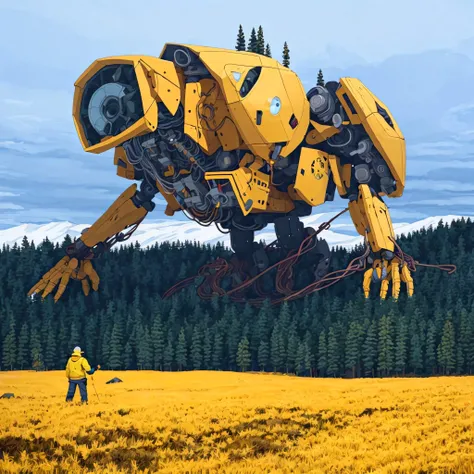 A giant yellow robot, snowy mountains, pine trees, stalenh4g <lora:Stalenh4g:0.5> <lora:Goodsell_v1:1.0>