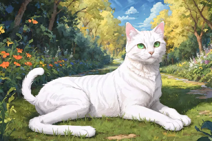 masterpiece, best quality, highres, fluffy white cat, green eyes, ugly, outdoors <lora:Dishwasher-Test2-Vae-dampened:0.5> <lora:Goodsell_v1:0.5>