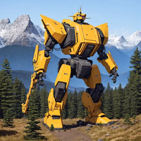 A giant yellow robot, snowy mountains, pine trees, stalenh4g <lora:Stalenh4g:0.5> <lora:Goodsell_v1:0.5>