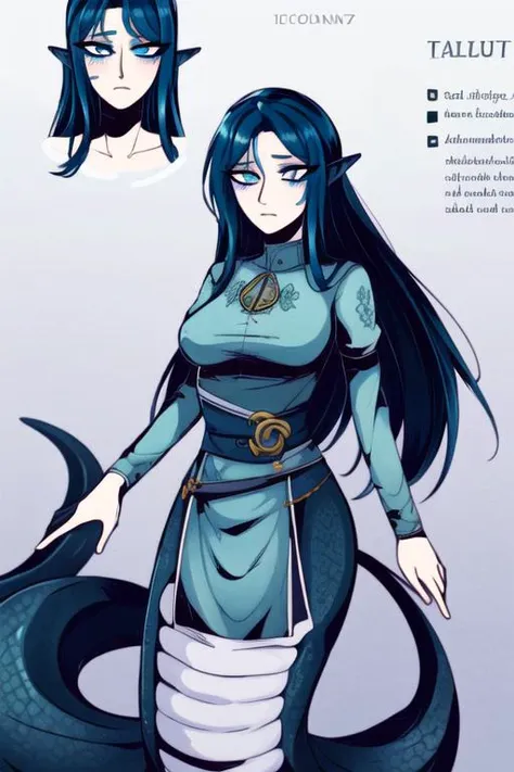 a drawing of a woman with blue hair and a dragon tail