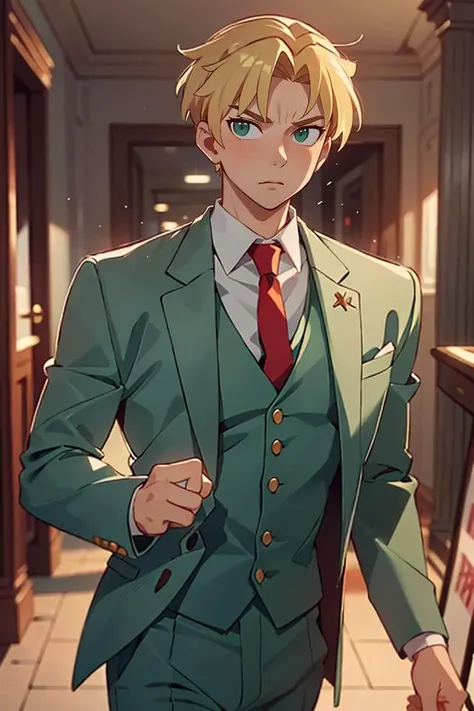 1man, solo, upper body, loidforger man with  light green three-piece suit with a red tie run in corridor palace germany, blonde, blurry background, dramatic, dynamic pose, spy x family, secret agent, bokeh, <lora:ARWLoidForger:1>