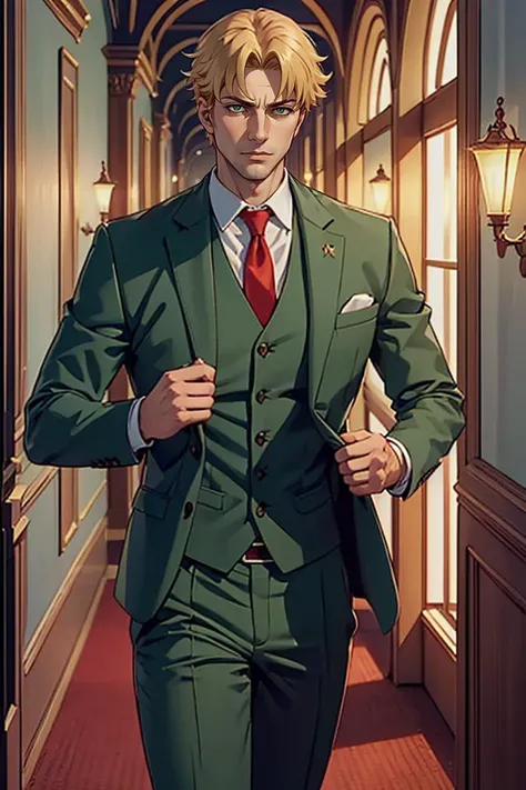 1man, solo, upper body, loidforger man with  light green three-piece suit with a red tie run in corridor palace germany, blonde, blurry background, dramatic, dynamic pose, spy x family, secret agent, bokeh, <lora:ARWLoidForger:1>