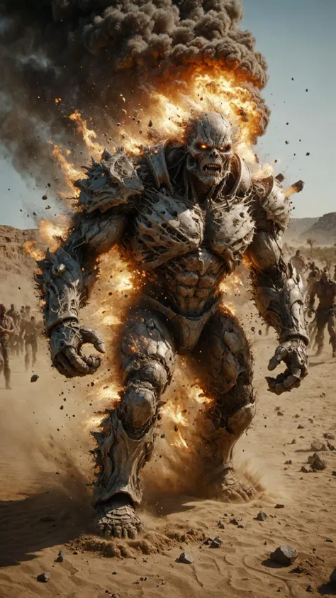 a man in a suit running through a desert with a bunch of fire