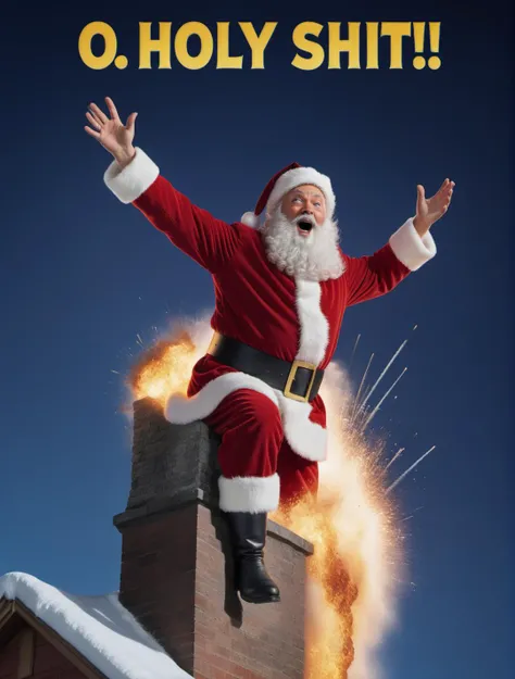 text that says ("O HOLY SHIT!") movie title, Santa Claus flying out of an exploding chimney with surprised expression, blasting off from top of chimney, night, movie poster, 16k, masterpiece, highest quality
<lora:Explosion Artstyle - Trigger is Explosion ...