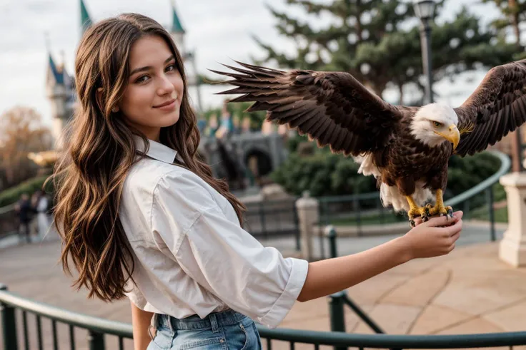 from behind,photo of a 18 year old girl,standing,a eagle on her arm,happy,outdoor,windy,theme park,ray tracing,detail shadow,shot on Fujifilm X-T4,85mm f1.2,sharp focus,depth of field,blurry background,bokeh,motion blur,motion lines,<lora:add_detail:1>,