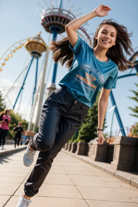 full body,photo of a 18 year old girl,running,happy,shirt,pants,outdoor,windy,theme park,ray tracing,detail shadow,shot on Fujifilm X-T4,85mm f1.2,sharp focus,depth of field,blurry background,bokeh,motion blur,motion lines,<lora:add_detail:1>,