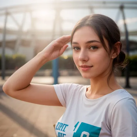 full body,photo of a 18 year old girl,saulting,happy,shirt,pants,outdoor,windy,theme park,ray tracing,detail shadow,shot on Fujifilm X-T4,85mm f1.2,sharp focus,depth of field,blurry background,bokeh,motion blur,motion lines,<lora:add_detail:1>,