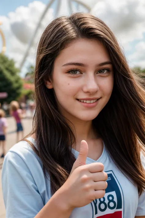 photo of a 18 year old girl,thumbs up,happy,shirt,outdoor,windy,theme park,ray tracing,detail shadow,shot on Fujifilm X-T4,85mm f1.2,sharp focus,depth of field,blurry background,bokeh,motion blur,motion lines,<lora:add_detail:1>,