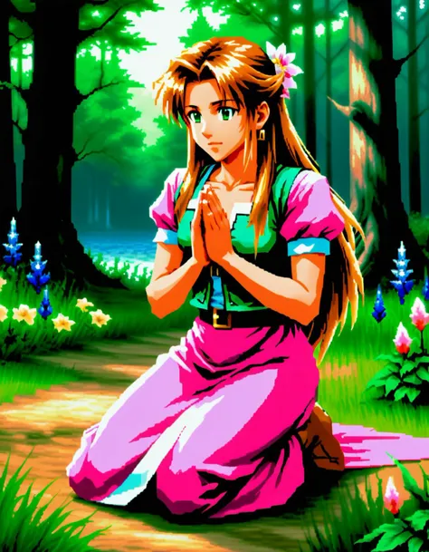 (Aeris:0.99) from Final Fantasy VII, lcas artstyle, on her knees, praying, long light brown hair, green eyes, pink dress, forest, flowers, (detailed facial features), gorgeous face, <lora:Lucasarts Artstyle - (Trigger is lcas artstyle):1>