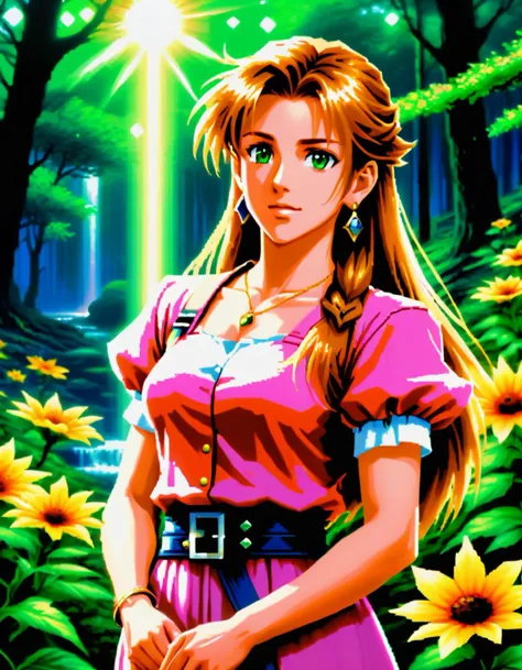 (Aeris:0.99) from Final Fantasy VII, lcas artstyle, long light brown hair, green eyes, pink dress, forest, flowers, (detailed facial features), gorgeous face, Rainbow Road, broad light, backlighting, bloom, light sparkles, chromatic aberration, lens flare,...