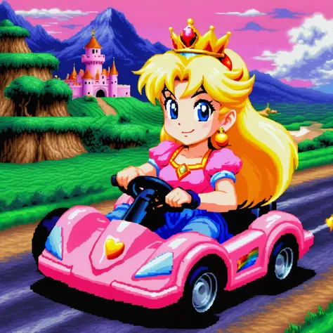 (VGA graphics, 256 colors, digitized), lcas artstyle, A beautiful Princess Peach, (detailed facial features), riding a pink GO Kart, super cute, adorable, Rainbow Road, <lora:Lucasarts Artstyle - (Trigger is lcas artstyle):1>