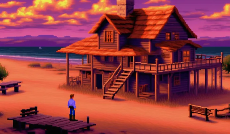 there is a man standing in front of a house on the beach