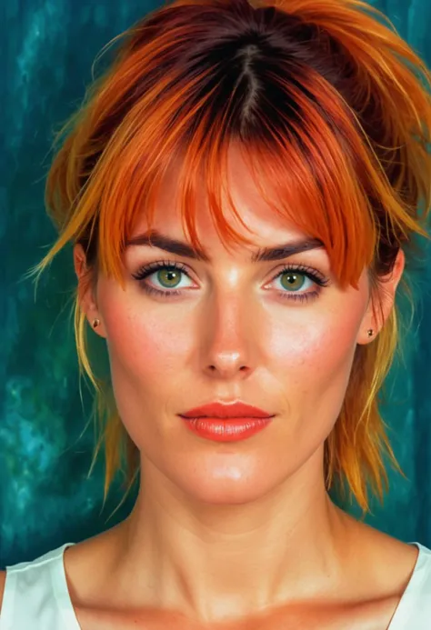 a close up of a woman with a red and orange hair