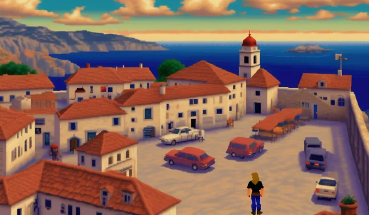 there is a man standing on a roof looking at a town